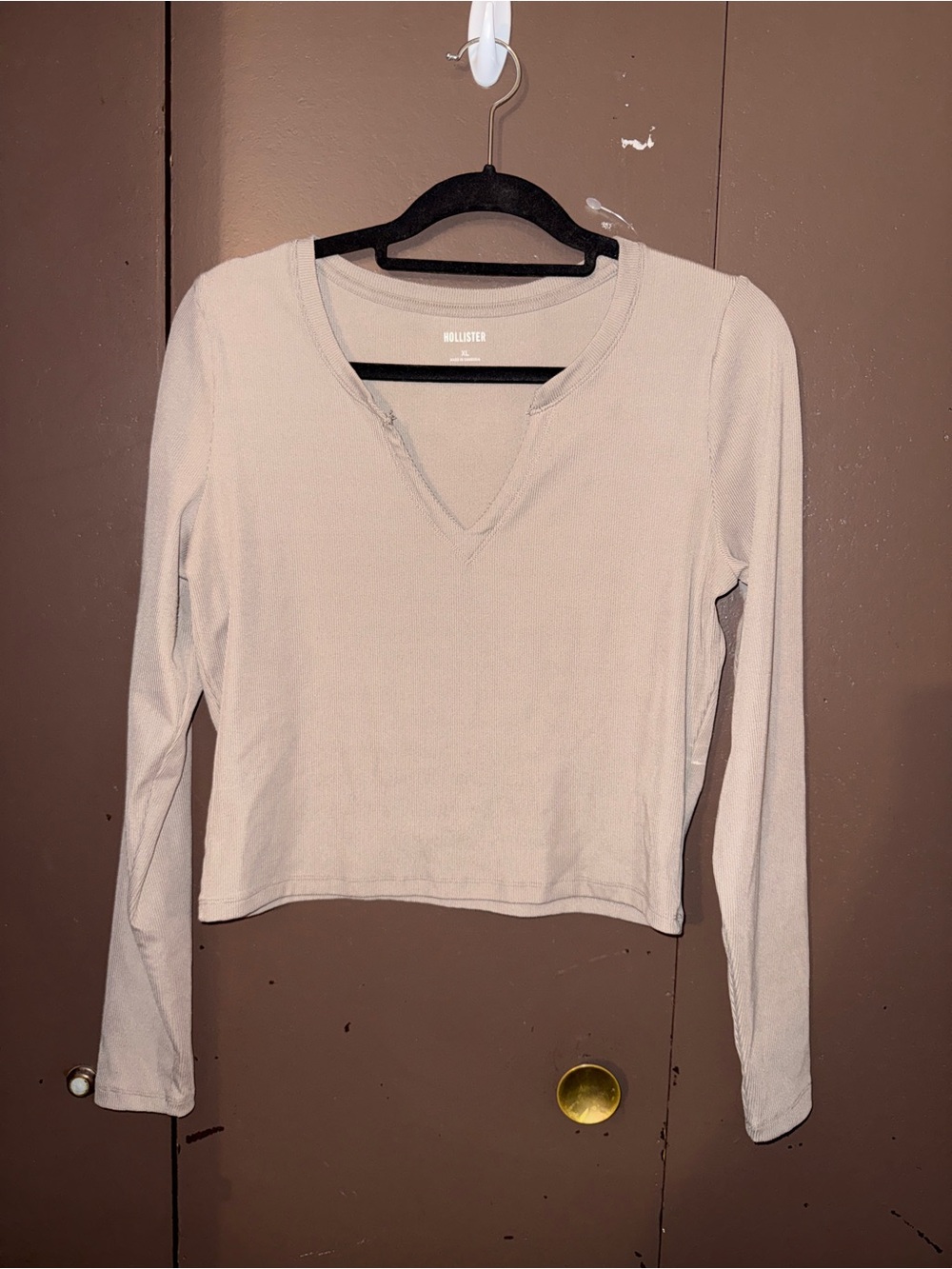 Hollister Light Beige Notch-Neck Long Sleeve Top
